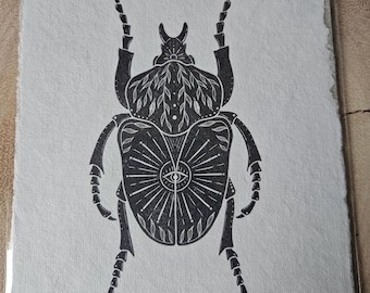 Limited Edition Dung Beetle Linocut Print: A5 Handmade Paper Insect Art