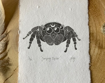 Limited Edition Jumping Spider Linocut Art Print: Entomology Mini Print, 4x6