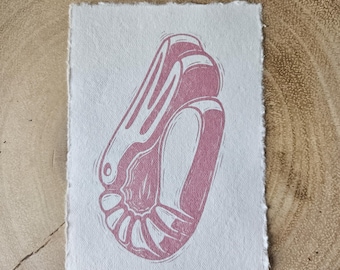 Shrimp Sweet Linocut Print – Handmade Pink Food Art, 4x6 Limited Edition