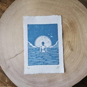 Gravura em linóleo "Natação Selvagem": Papel artesanal, edição limitada assinada imagem 8