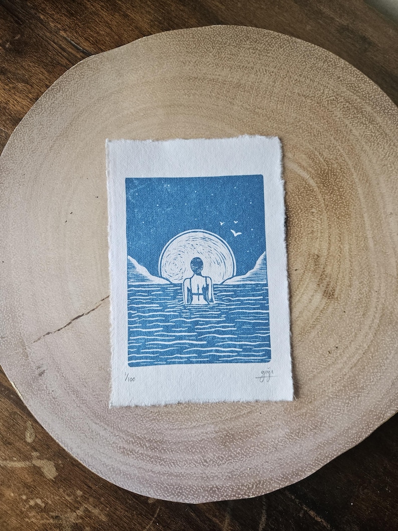 Gravura em linóleo "Natação Selvagem": Papel artesanal, edição limitada assinada imagem 8