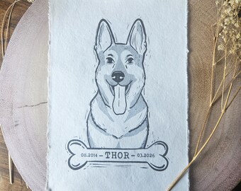 Custom Pet Portrait Linocut Print, Handmade Paper A5, Dog Memorial Keepsake