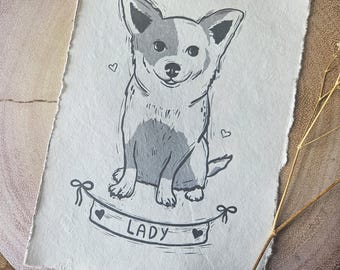 Custom Pet Portrait Linocut Print, Handmade Paper A5, Personalized Dog Animal Art