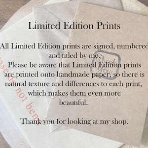 Pode incluir: Close-up de v&aacute;rias impress&otilde;es em papel bege com o texto "Limited Edition Prints". As impress&otilde;es s&atilde;o assinadas, numeradas e tituladas. O texto tamb&eacute;m menciona que as impress&otilde;es s&atilde;o em papel artesanal, com um carimbo "Thank You".