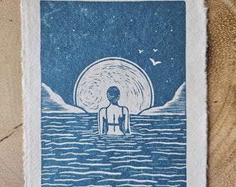 Wild Swimming Linocut Art Print: Handmade Paper, Signed Limited Edition