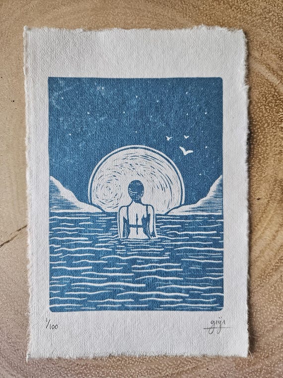 Wild Swimming Linocut Art Print: Handmade Paper, Signed Limited Edition