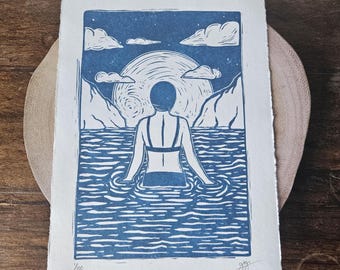 Sea Swimmer Wild Swim Print: Limited Edition Lino Cut Print Signed A4