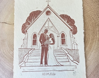 Custom Wedding Venue Lino Print Illustration, Anniversary Keepsake Art