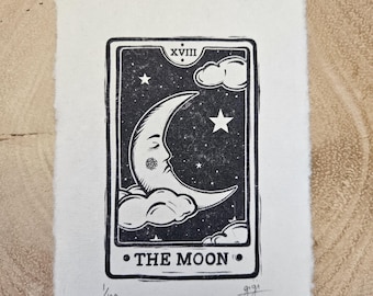 The Moon Tarot Card Linocut Print: Handmade Paper, Signed Limited Edition, Mini Art Print