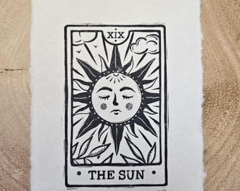 Sun Tarot Card Linocut Print: Handmade Paper, Signed Limited Edition, Mini Art Print - celestial