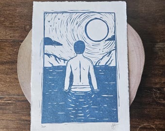 Wild Swimmer Sea Swim Print: Limited Edition Lino Cut Print Signed A4