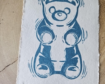 Haribo Gummy Bear Linocut Print – Handmade Candy Illustration, Limited Edition