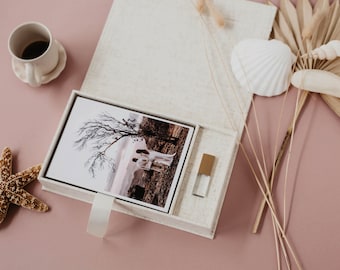 Caja de fotos de boda de 5x7 y unidad flash USB / Caja de fotos y USB de mármol / Caja de recuerdos de tela / Caja personalizada y USB personalizado