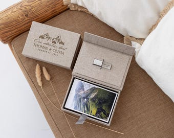 Caja de entrega personalizada para clientes de fotógrafos / Caja de lino para fotos de 4x6 con USB de cristal