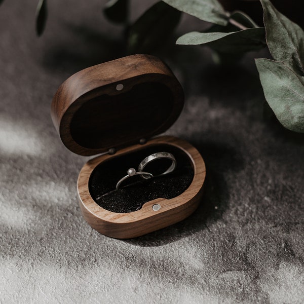 Walnut double ring box | Double ring holder | Engraved wooden ring box | Engagement ring box