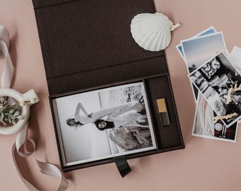 Caja de fotos de boda de 5x7 y unidad flash USB / Caja de fotos y USB de medianoche / Caja de recuerdos de tela / Caja personalizada y USB personalizado