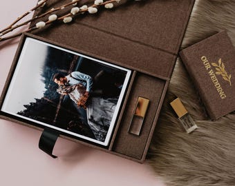 Caja de fotos de lino de 5 x 7 / Caja de fotos y USB de tela marrón chocolate / Embalaje para USB y fotos / Unidad flash USB 3.0 de cristal