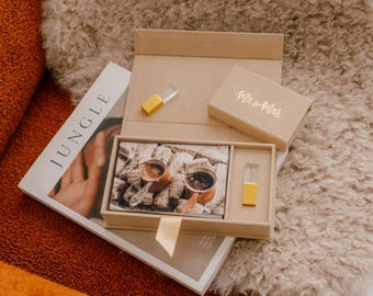 Caja de terciopelo para fotos con memoria USB Crystal Gold 3.0 / Set de presentación personalizado para foto de 4x6 y memoria USB.