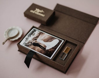 Caja de lino para fotos de 4 x 6 / Caja para fotos y USB de tela marrón chocolate / Embalaje para USB y fotos / Unidad flash USB 3.0 de cristal