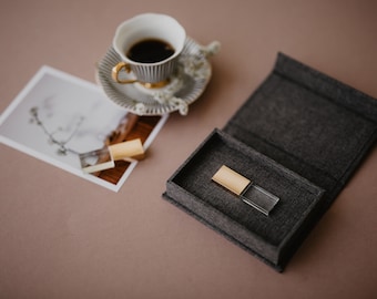 Caja USB con unidad USB de cristal 3.0 / Embalaje USB personalizado para USB personalizado / Caja de tela de lino gris oscuro