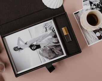 Caja de fotos de boda de 6 x 8 y unidad flash USB / Caja de fotos y USB de medianoche / Caja de recuerdos de tela / Caja personalizada y USB personalizado