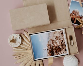 Caja de terciopelo para fotos de 5 x 7 / Caja de terciopelo color café con leche para fotos y USB / Embalaje para USB y fotos / Unidad flash USB 3.0 de cristal