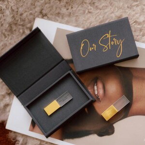 Può includere: Una scatola regalo rettangolare nera con il testo in corsivo dorato Our Story stampato sul coperchio. All'interno della scatola aperta c'è una chiavetta USB rettangolare con un tappo dorato e un corpo grigio scuro. Una seconda unità identica.
