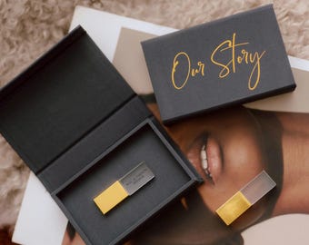 Premium Fabric USB Box with Personalized Gold Flash Drive | Navy Blue Luxury Cotton USB Case with Foil Personalization