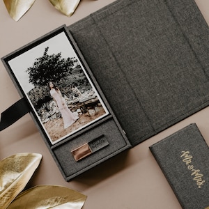 4 x 6 linnen fotodoos en USB-flashstation voor bruiloften | Donkergrijze bruiloft USB-box voor prints en USB