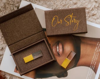 Choco Brown Linen USB Box with 3.0 Fast Gold Flash Drive and Foil Personalization | USB Keepsake Box with Rose Gold Thumb Drive