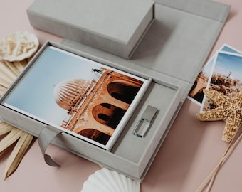 Caja de terciopelo para fotos de 5 x 7 / Caja de terciopelo gris para fotos y USB / Embalaje para USB y fotos / Unidad flash USB 3.0 de cristal