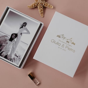 Caja de recuerdo de fotos de 6 x 8 / Caja de fotos de boda personalizada de cartón blanco de 21 x 15 cm / grabada