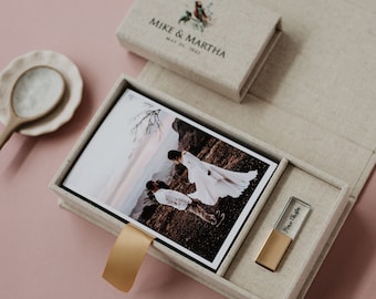 Caja de fotos de boda de 4 x 6 y unidad flash USB / Caja de fotos vintage y USB / Caja de recuerdos de tela / Caja personalizada y USB personalizada