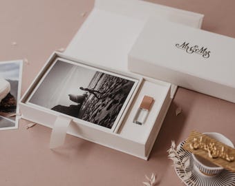 Caja para fotos de boda de 6x8 y memoria USB / Caja blanca para fotos y memoria USB / Caja de tela para guardar recuerdos / Caja personalizada y memoria USB personalizada