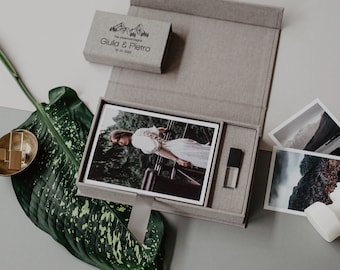 Caja de fotos de lino de 4 x 6 / Caja de fotos y USB de tela gris claro / Embalaje para USB y fotos / Unidad flash USB 3.0 de cristal