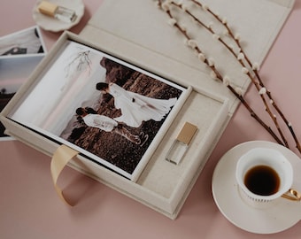 Caja para fotos de boda de 5x7 con memoria USB / Caja vintage para fotos y USB / Caja de recuerdos de tela / Caja personalizada y USB personalizada