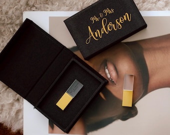 Personalized Linen USB Box with Gold USB Flash Drive for Photo Delivery | Midnight Luxury Fabric USB Case with Custom Wedding usb