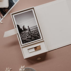 May include: A white box with a black and white photo of a person walking on a beach. The box is open and a gold USB drive is visible inside.