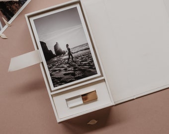 Caja para fotos de boda de 4x6 y memoria USB / Caja blanca para fotos y USB / Caja de recuerdos de tela / Caja personalizada y USB personalizada