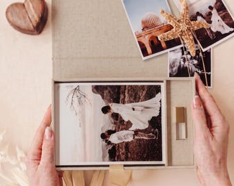 Linen 5x7 Photo Box with 3.0 USB Flash drive | Vintage Wedding Photo Delivery Box | Personalized Photographer Packaging
