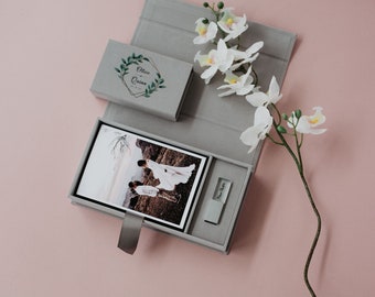 4x6 Velvet Photo Box | Gray velvet Fabric Photo and USB Box | USB and Photo Packaging | Crystal Glass 3.0 USB Flash Drive