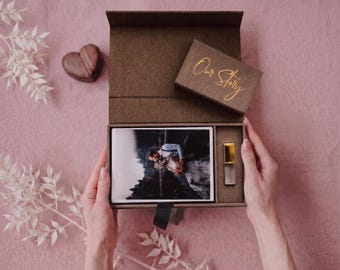 Caja de fotos de lino de 4x6 / Caja de fotos y USB de tela marrón chocolate / Embalaje para USB y fotos / Memoria USB 3.0 de cristal