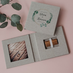 Gray linen USB box with wooden USB flash drive 3.0 | Engraved USB and photo box | 4x4 personalized box with walnut usb