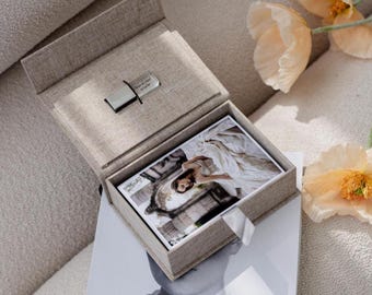 Caja de envío de fotos personalizada para fotógrafos de bodas / Caja de lino de 4x6 con unidad flash USB 3.0