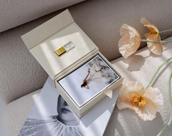 Caja de recuerdos de boda personalizada para fotos de 4x6 / Caja de fotos de lino con puerto USB 3.0 Crystal Gold