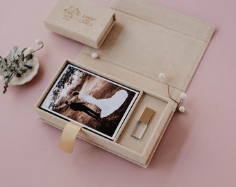 4x6 Velvet Photo Box | Latte velvet Fabric Photo and USB Box | USB and Photo Packaging | Crystal Glass 3.0 USB Flash Drive