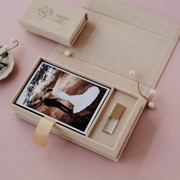 4x6 Velvet Photo Box | Latte velvet Fabric Photo and USB Box | USB and Photo Packaging | Crystal Glass 3.0 USB Flash Drive