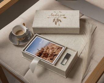 Caja de fotos de boda de 4 x 6 y unidad flash USB / Caja de fotos y USB de mármol / Caja de recuerdos de tela / Caja personalizada y USB personalizada