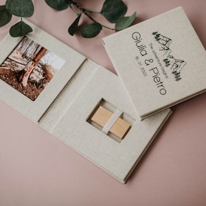Vintage linen USB box with wooden USB flash drive 3.0 | Engraved USB and photo box | 4x4 personalized box with walnut usb