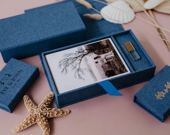 Caja de fotos de boda de 5x7 y unidad flash USB / Caja de fotos y USB azul océano / Caja de recuerdos de tela / Caja personalizada y USB personalizado